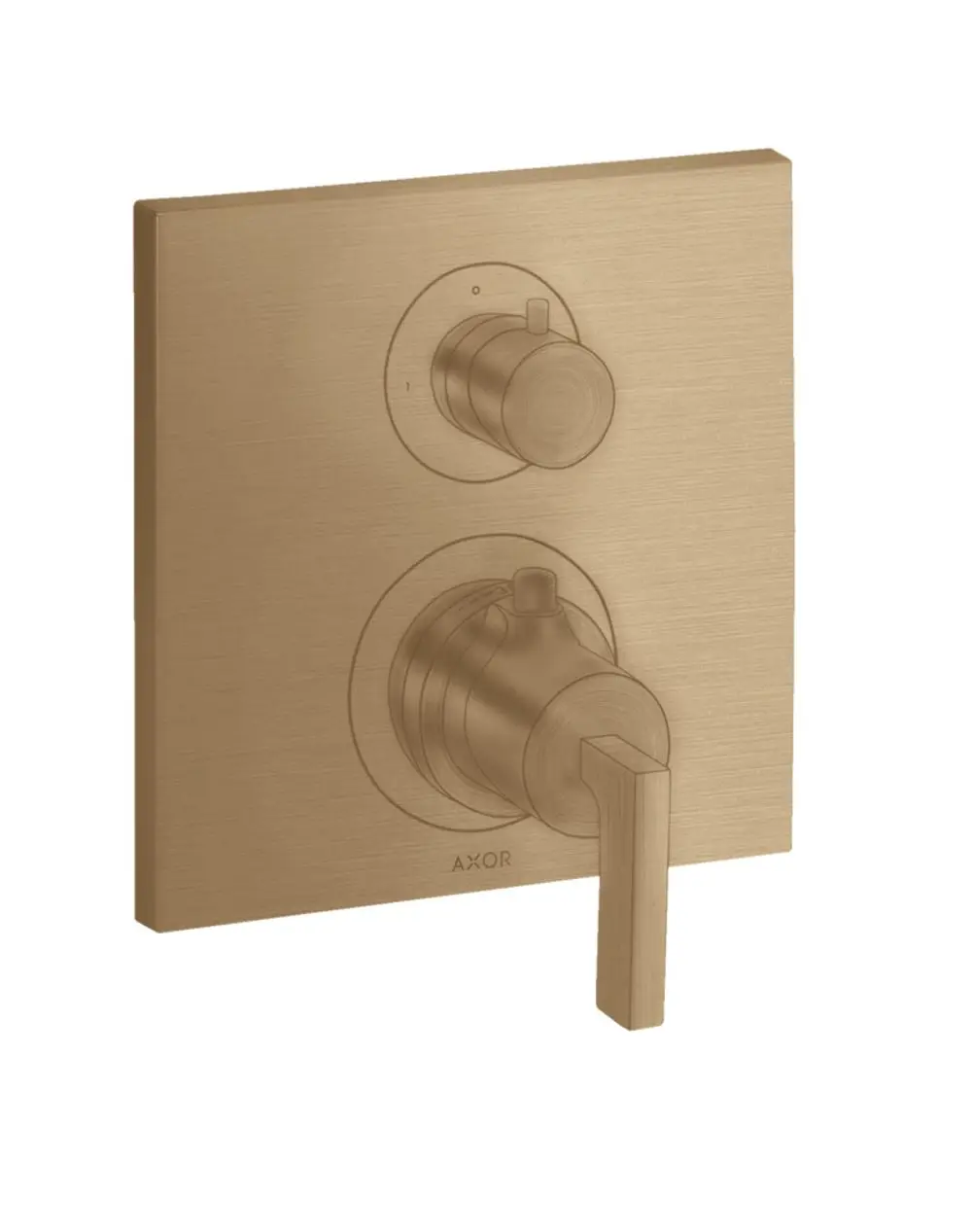 Thermostat-Unterputzarmatur in Brushed Bronze von AXOR mit Ab- und Umstellventil sowie Hebelgriff, montiert auf quadratischer Wandplatte.